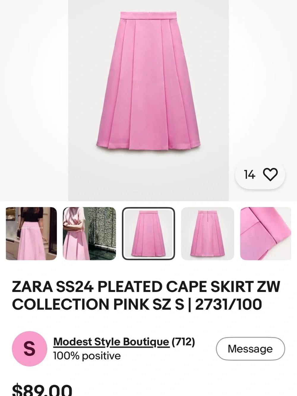 Zara Pink Midi Pleated A-Line Skirt